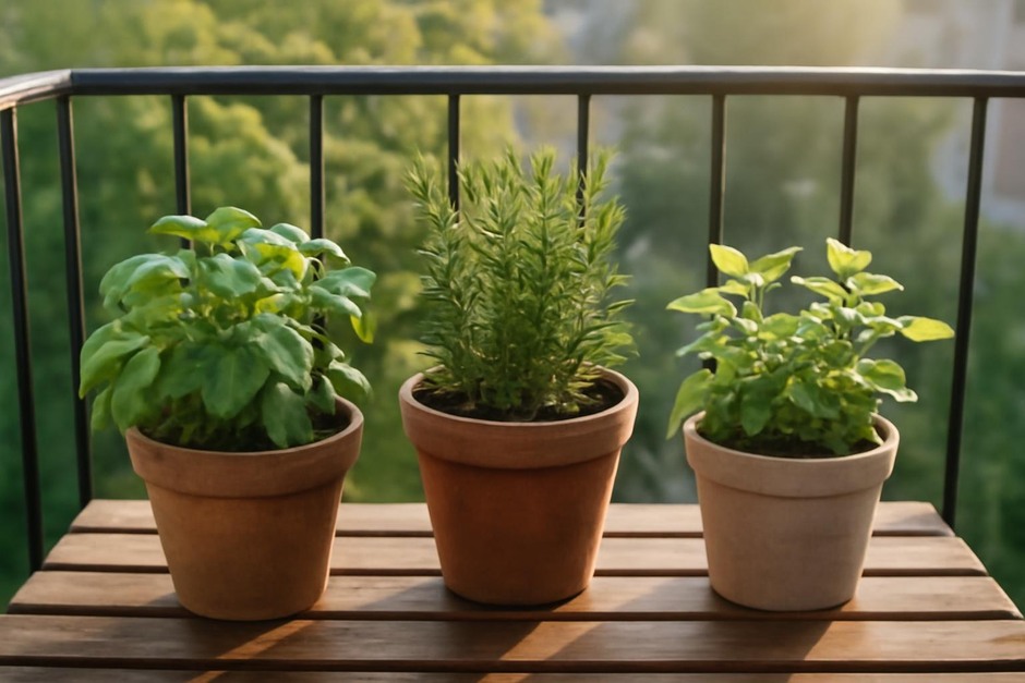 Small balcony with pots of basil, rosemary and mint in morning light