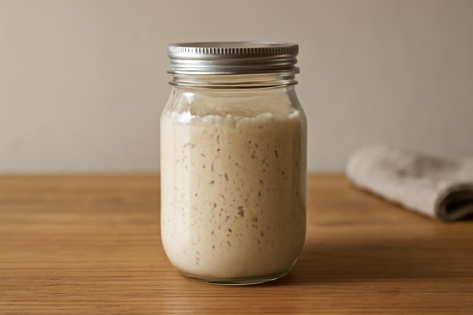 A jar of bubbly sourdough starter on a wooden counter