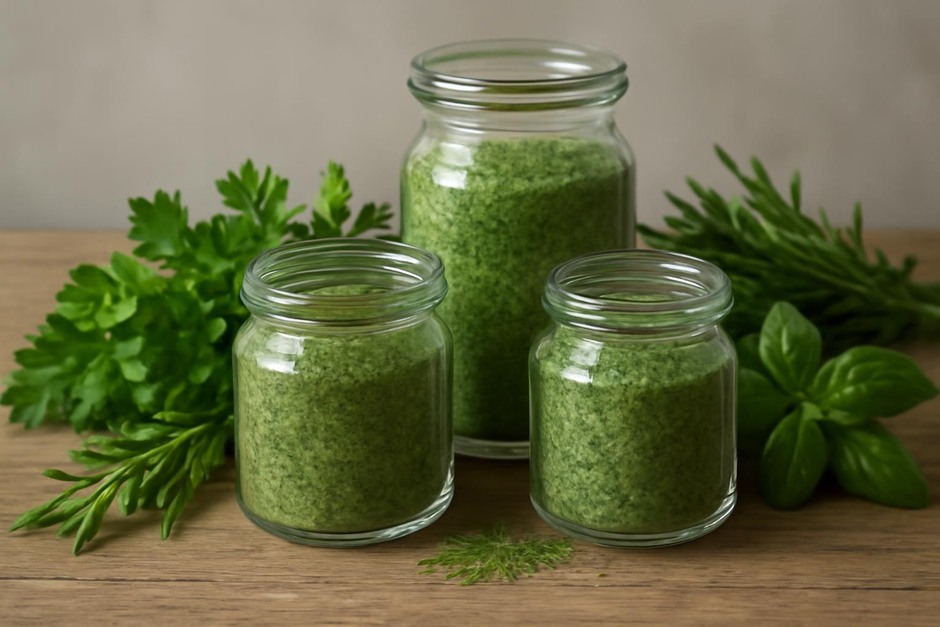 Glass jars of green herb salts and fresh herbs on a wooden table