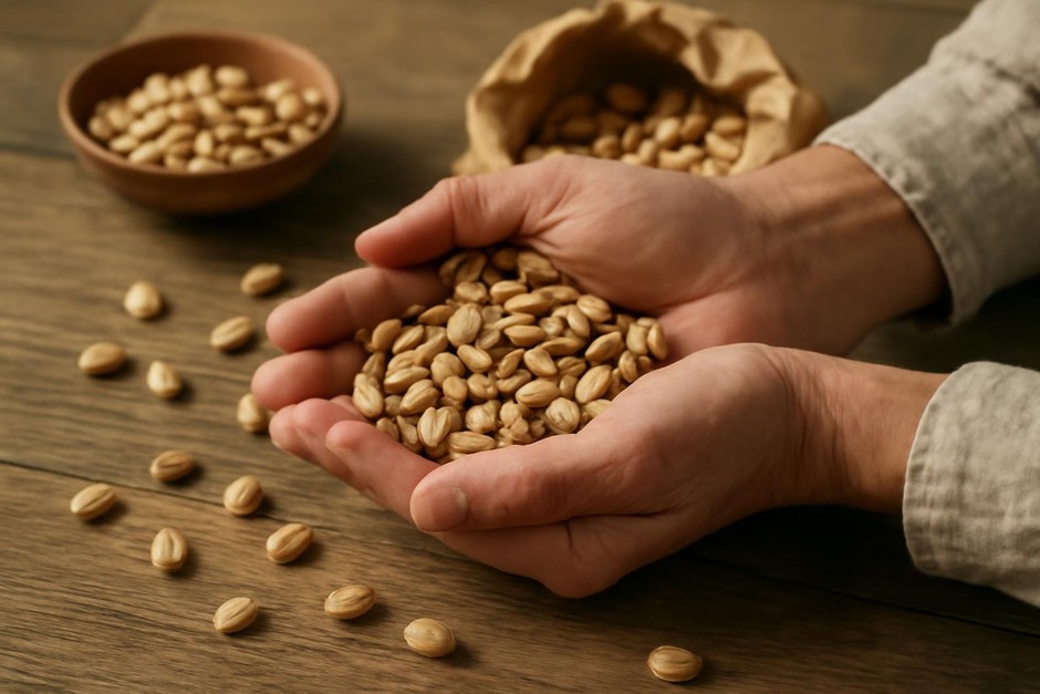 Hands holding dried bean seeds over a wooden table