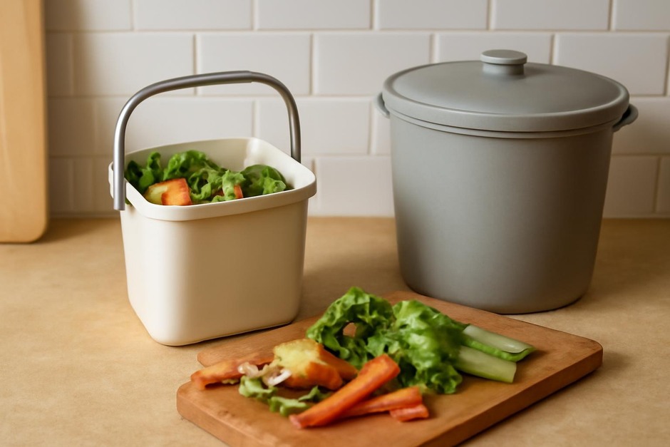 A small kitchen compost caddy with vegetable scraps beside a covered compost bin