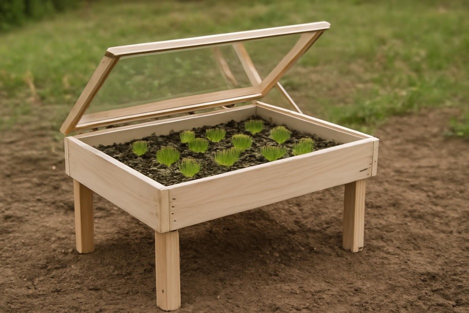 A low wooden cold frame table with a hinged clear lid over young lettuce seedlings