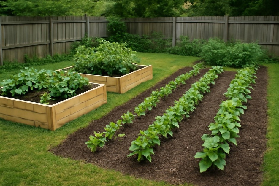 Raised wooden garden beds beside in-ground vegetable rows in a backyard