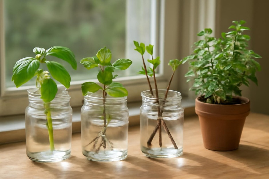 Glass jars with herb cuttings rooting on a sunny windowsill