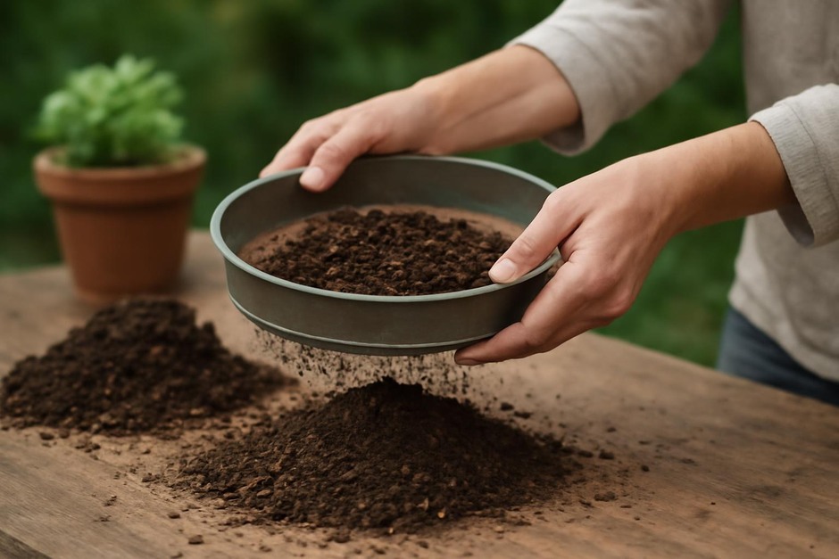 Hands sifting potting mix through a garden sieve with a pile of compost nearby