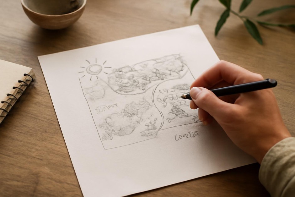 A hand sketching a garden map with notes about sun and shade