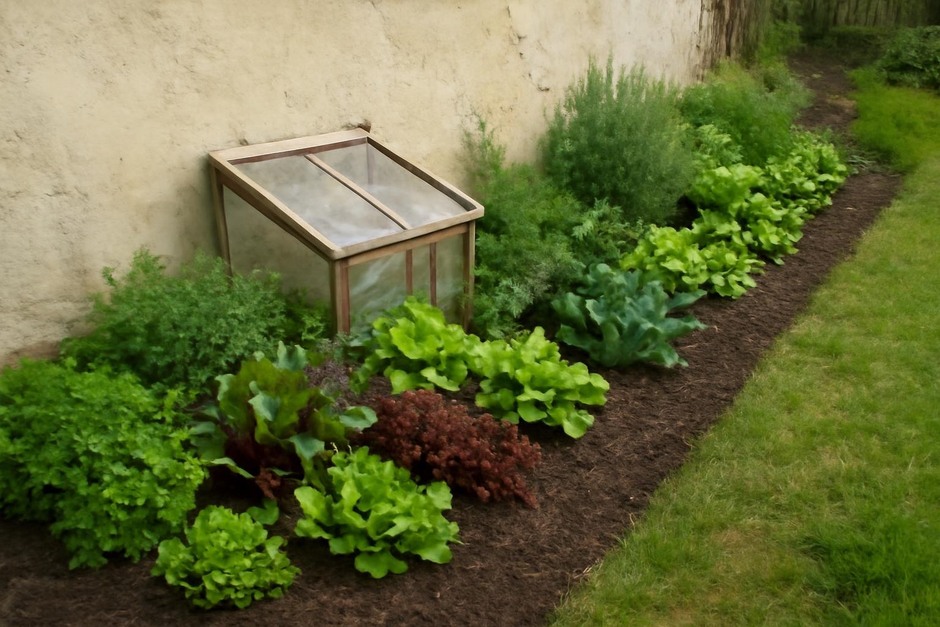 A narrow garden strip with herbs, winter greens and a small cold frame beside a cottage wall