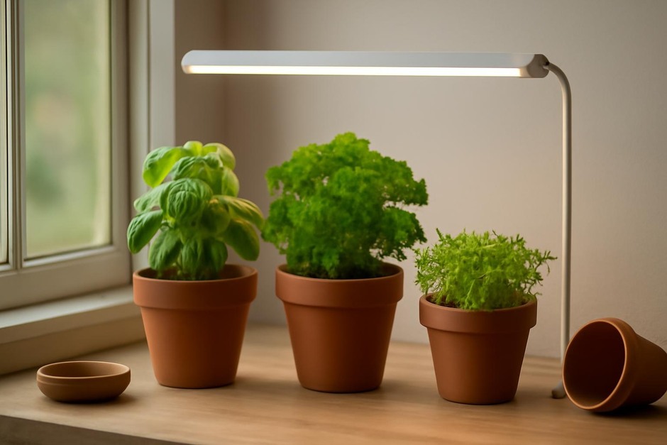 Windowsill with small pots of basil, parsley and microgreens under a compact LED light